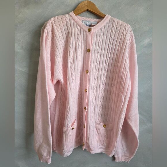 Womens Pale Pink Cord Knit Gold Button Cardigan Sz XL Reel Fishermann Kawaii - Picture 1 of 10
